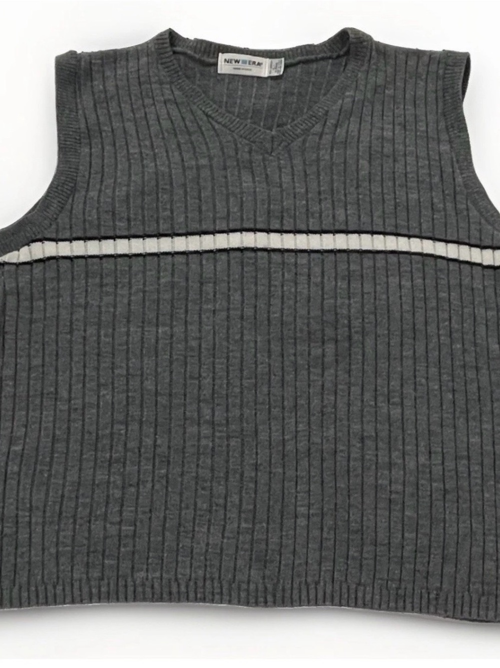 New Era Men's Grey Ribbed V-Neck Sweater Vest with Stripe